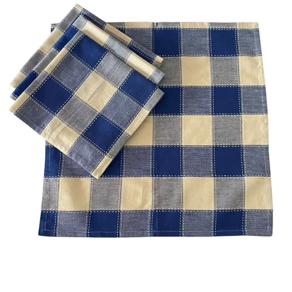 Lot of 4 Cloth Napkins Blue Cream Buffalo Plaid  17.25